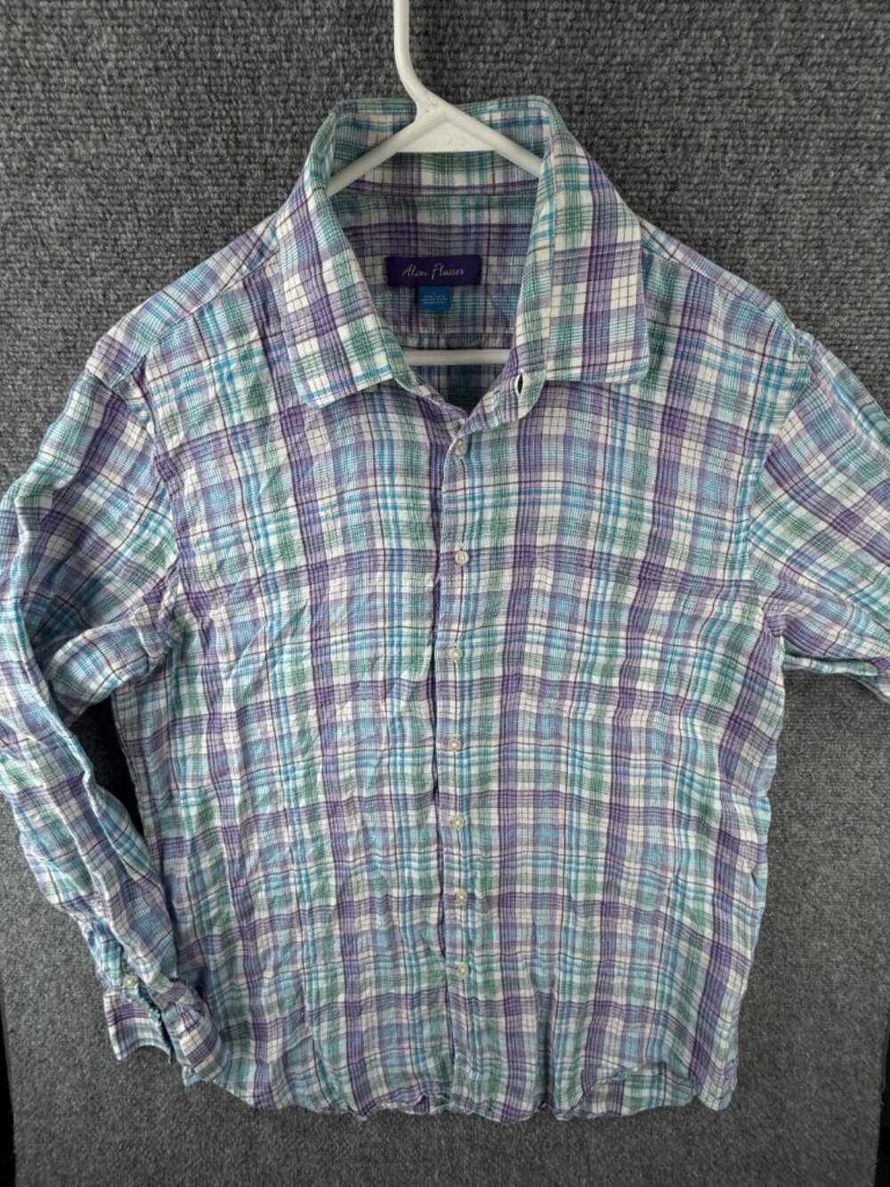 Alan Flusser Linen Button Up Shirt Long Sleeve Purple Green Plaid Large Woven
